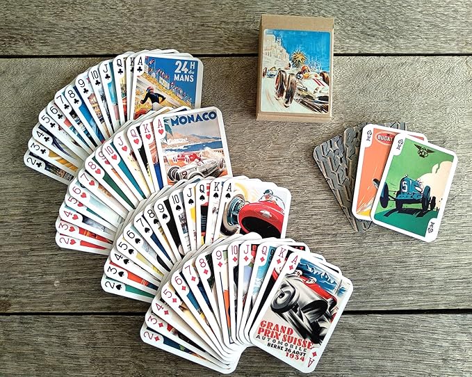 CAR Racing Playing Cards (Poker Deck 54 Cards All Different) Vintage Retro Car Racing Travel Posters