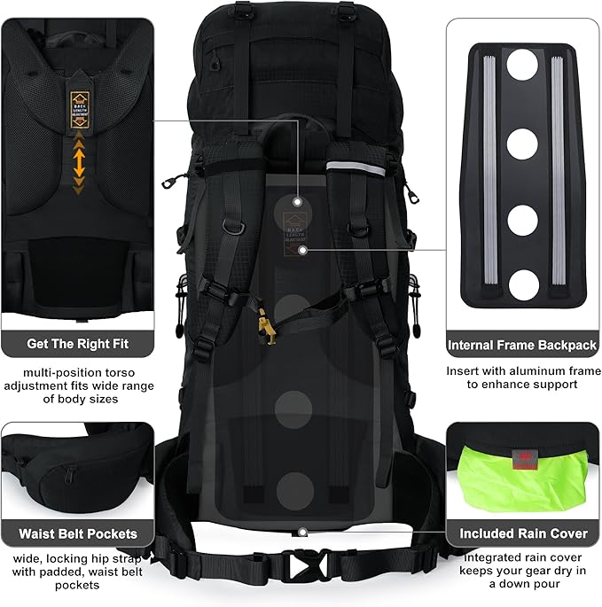 N NEVO RHINO Internal Frame Hiking Backpack 50/60/65/70/80L, Mountain Climbing Camping Backpack