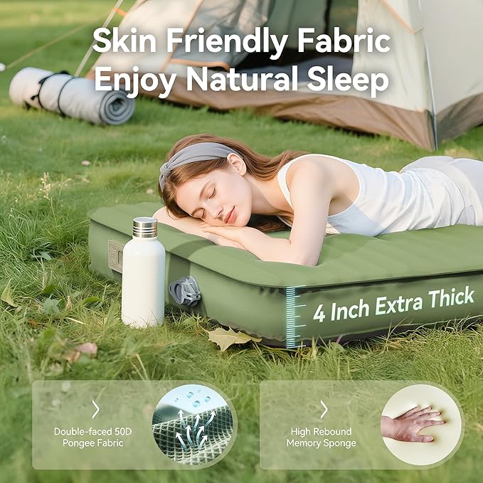 Camping Sleeping Pad, 4" Ultra-Thick Memory Foam Camping Mat with Built-in Electric Pump, 9.5