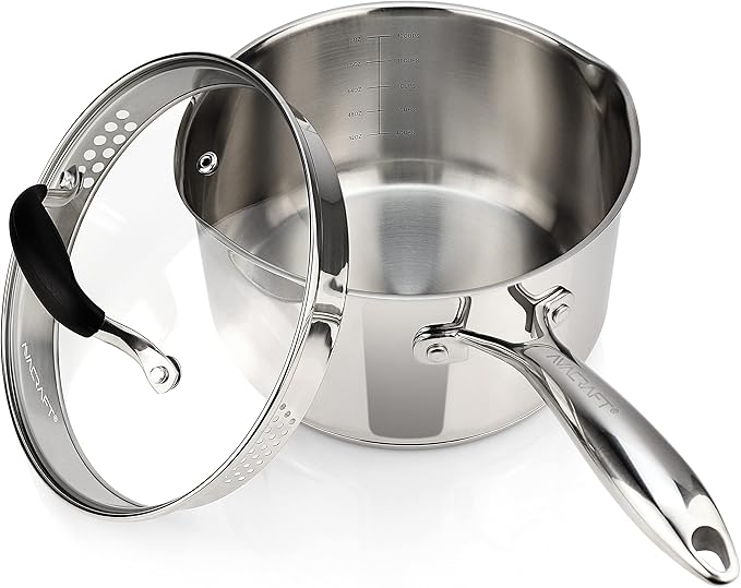 AVACRAFT Stainless Steel Saucepan with Glass Lid, Strainer Lid, Two Side Spouts for Easy Pour with