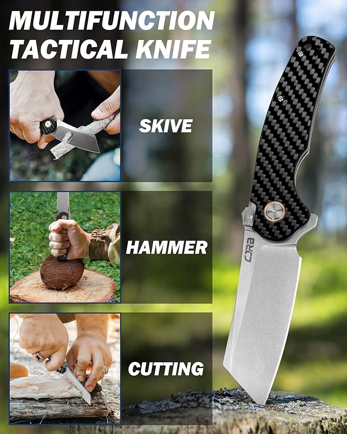 CJRB Crag Tactical Knife,Cleaver Pocket Folding Knife with Stonewash AR-RPM9 Steel Blade and Carbon