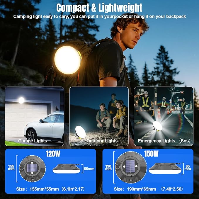 16000mAh 26000LM Solar Portable LED Camping Lantern, Rechargeable Light 150W with Magnet