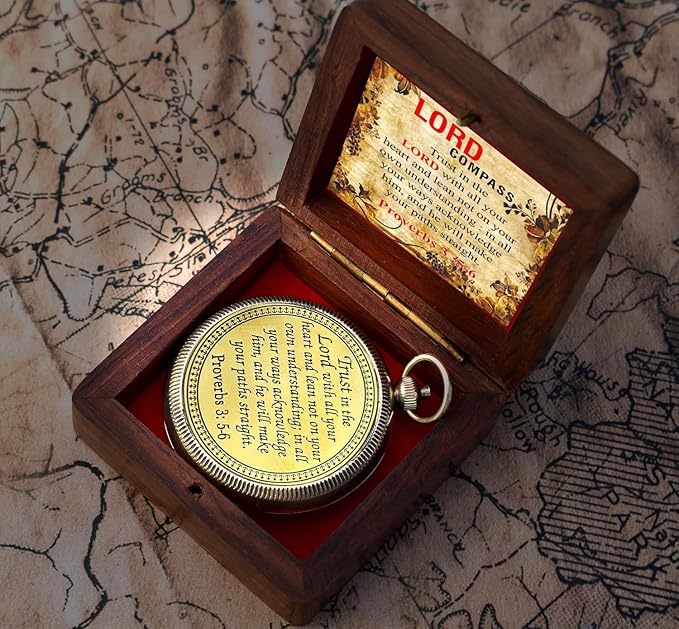 Trust in The Lord With All Your Heart - Proverbs 3:5-6 Quote Engraved Compass With Wooden Box