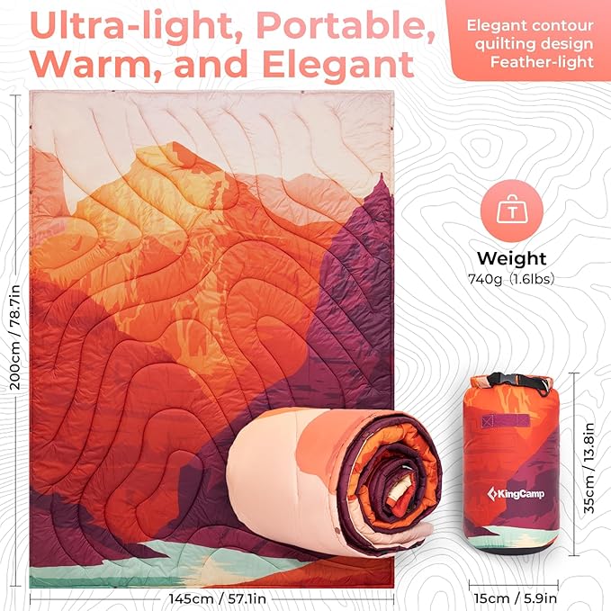 KingCamp Ultralight Camping Blanket, Packable Down Alternative Puffy Printed Wearable Blanket with