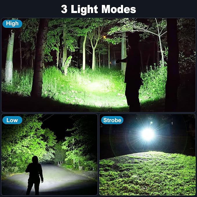 3 Pack Rechargeable Flashlights 90,000 High Lumens, Super Bright LED Flash Light with 3 Light