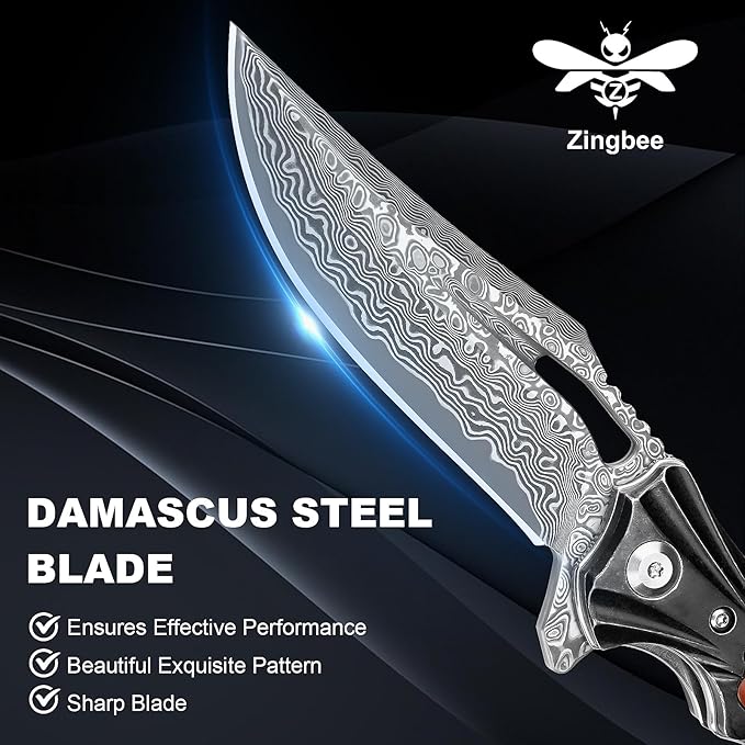 Damascus Pocket Knife for Men Women, Wood Handle Folding Knife with Sheath, 3.15" Damascus Steel