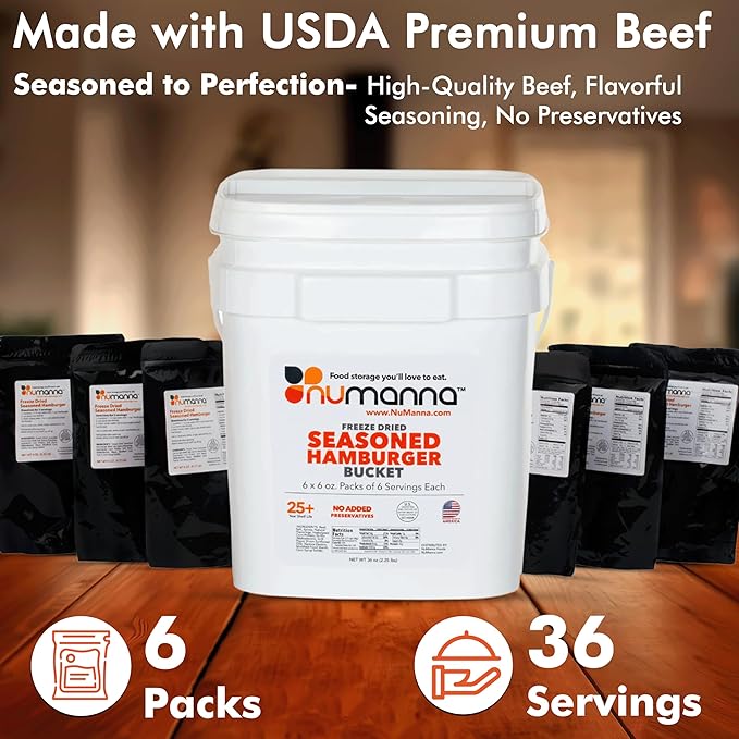 Numanna Freeze-Dried Seasoned Ground Beef Bucket 36 Servings | Over 25g Protein per Serving |