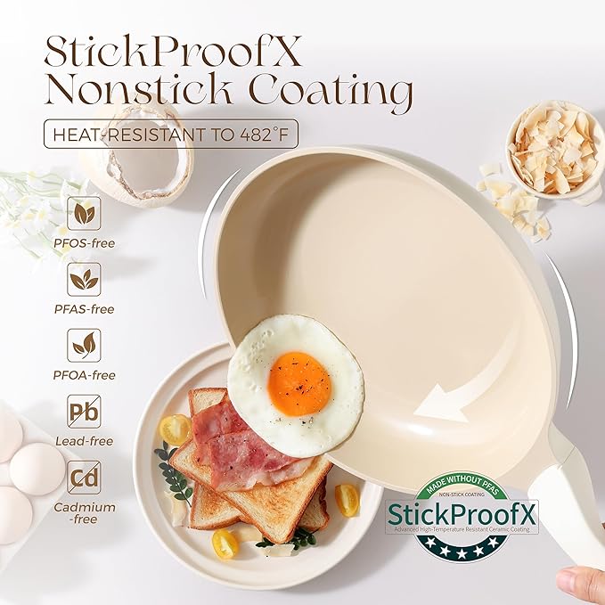 PRICUSIS Nonstick Ceramic Frying Pan with Lid, 8/10 Inch Skillet with Stay Cool Handle, Fully