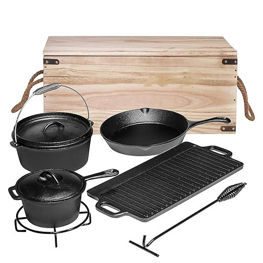 Bruntmor Camping Cooking Set of 7. Pre Seasoned Cast Iron Pots and Pans Dutch Oven with Lids for