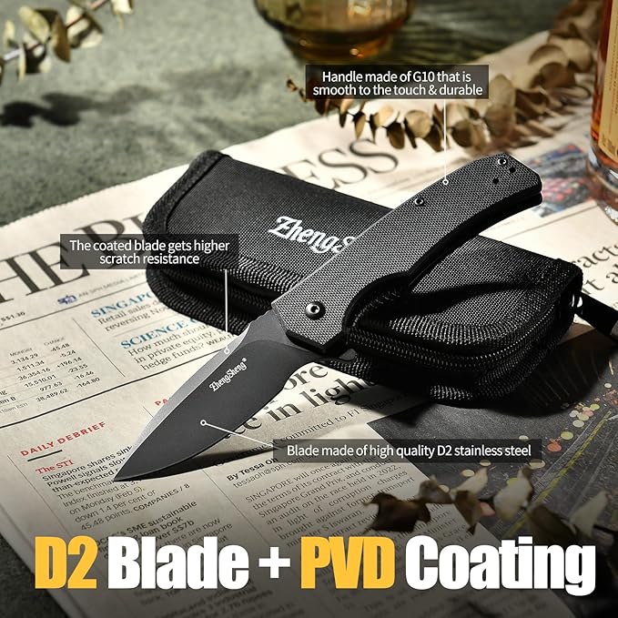 Praxis Pocket Knife, 2.9" D2 Steel Folding Knife with G10 Handle PVD Titanium Coating Blade
