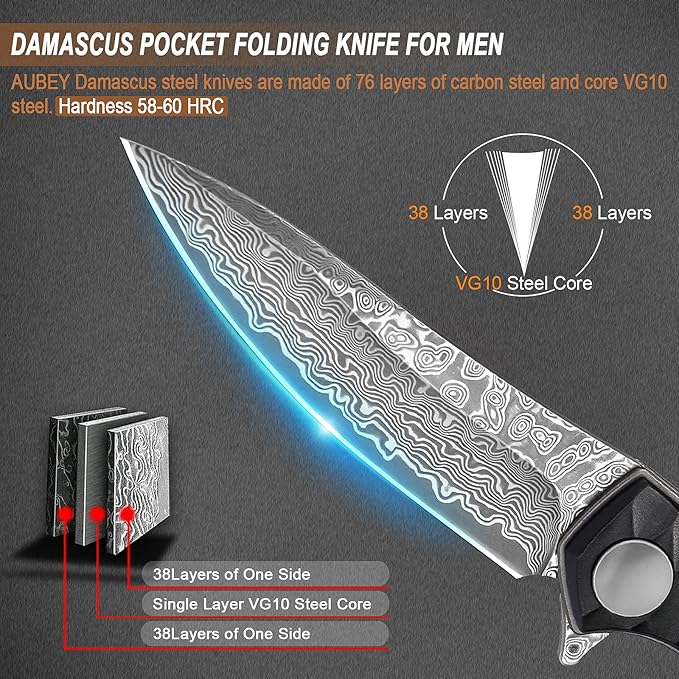 AUBEY Damascus Pocket Knife for Men with Clip EDC, 3.23" VG10 Core Damascus Steel Blade Folding