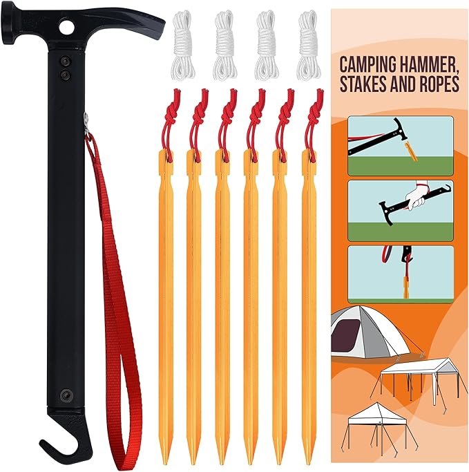 Eurmax USA Hiking Camping Tent Stakes and Hammer Set Lightweight Multi-Function Tent Hammer with