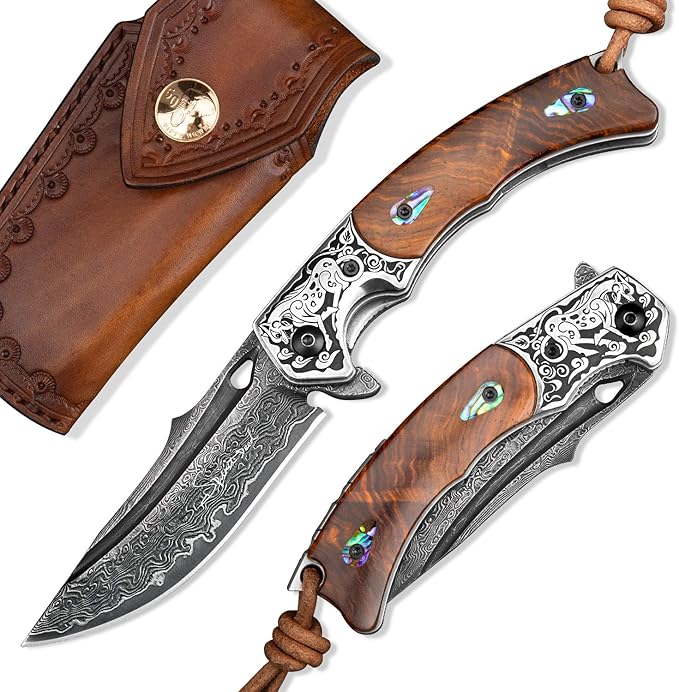 Handmade Japanese VG10 Damascus Steel Folding Knife,Rosewood Liner Lock Handle, Leather Sheath,EDC