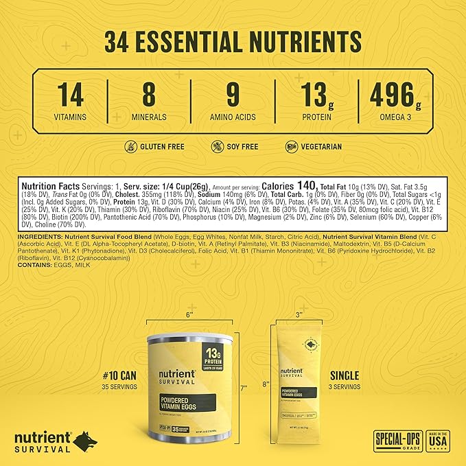 70 Egg Equivalent Nutrient Survival Vitamin Powdered Eggs Blend, Freeze Dried Prepper Supplies &