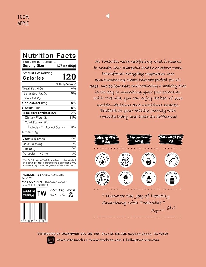 TwelVita Natural Baked Fuji Apple Crisps, Vegan Snacks, Clean Label, Non-GMO, Gluten-Free, 1.76 oz
