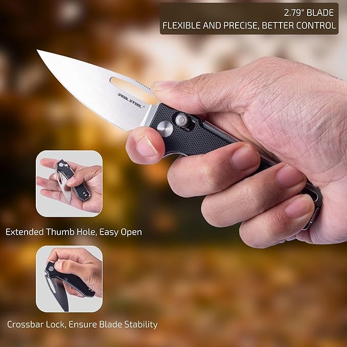 REALSTEEL VIS Pocket Knife, Folding Knife, Crossbar Lock, 2.72" Small 12C27 Steel Satin Plain