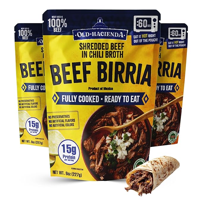 Old Hacienda Beef Birria | 100% Shredded Beef in Chili Broth | Fully Cooked & Ready to Eat | 15g