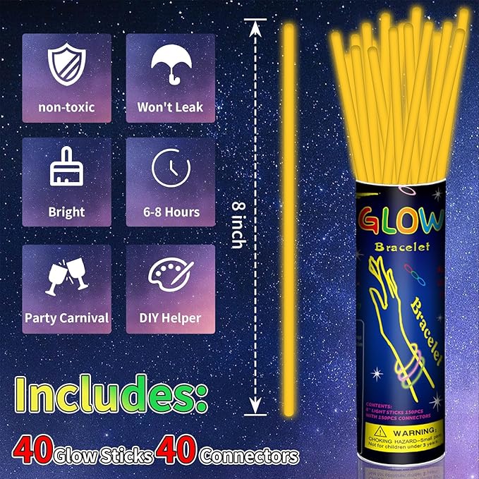 40 Pack 8??Orange Glow Sticks Bracelet Necklaces Bulk with 40 Connectors Neon Glow In The Dark