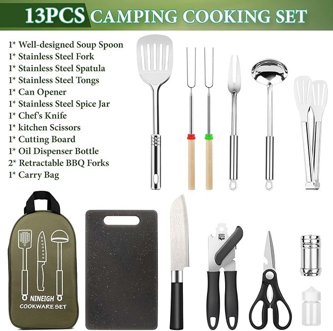 Camping Cooking Utensils Set, Stainless Steel Grill Tools, Camping BBQ Cookware Gear and Equipment