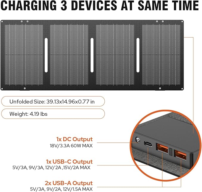 Portable Solar Panel 60W Foldable Solar Charger with DC/USB C/USB A Output DC Cable for Solar Power