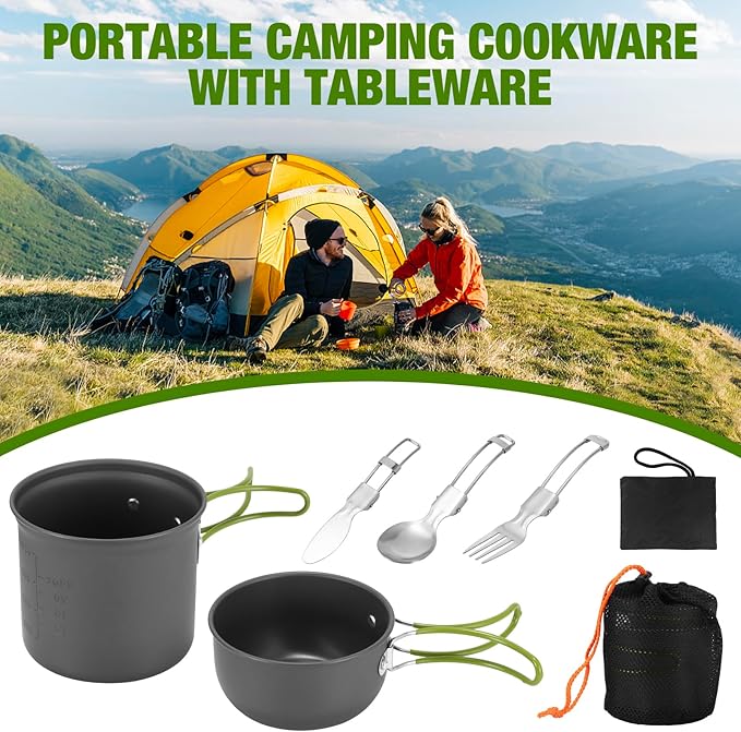 SS SUNSBELL Camping Cooking Set, Non-Stick Camping Pot and Pan Set, Portable Camping Cookware with