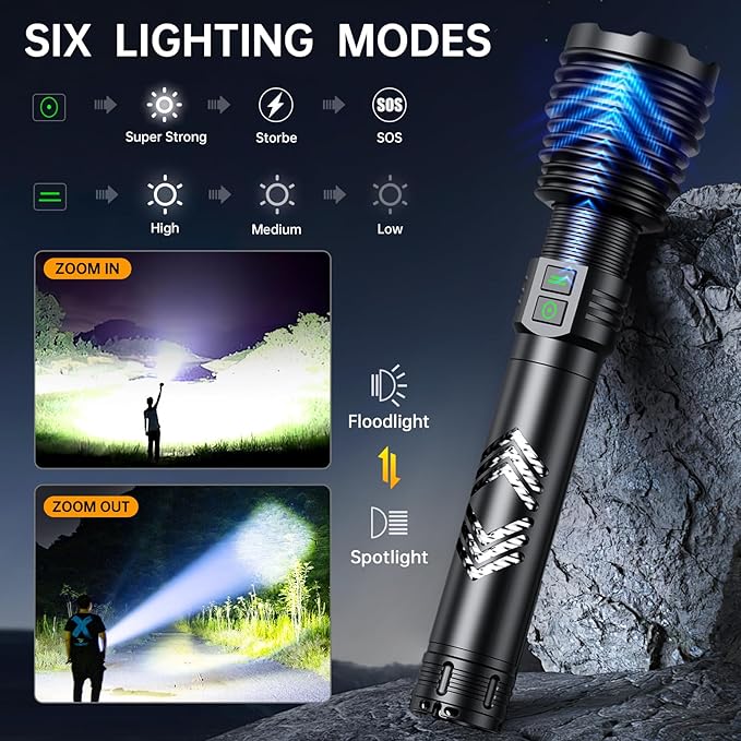 Rechargeable Flashlights 6000.000 High Lumens, Super Bright LED Flashlight with Long Handle, Large