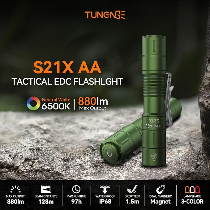 S21X Mini EDC Flashlight Rechargeable with Clip, 880 Lumens Super Bright AA Pocket Flashlight