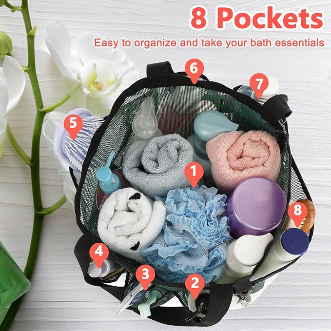 Mesh Shower Caddy Portable for College Dorm Room Essentials, 8-Pocket Large Shower Basket Tote Bag