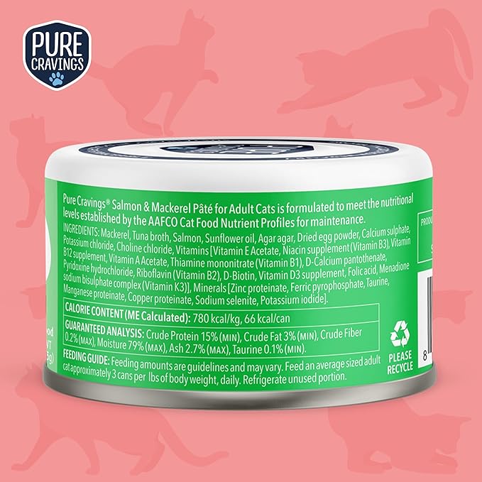 Pure Cravings Salmon and Mackerel Pate, Canned Wet Cat Food, 100% Mercury-Tested, Moist Can Fish