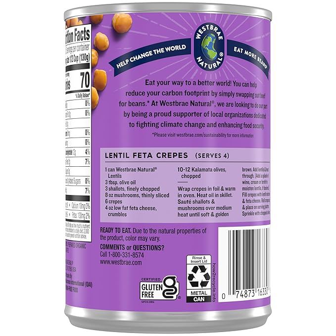 WESTBRAE 15 oz Natural Organic Lentil Beans, No Salt Added, Source of Plant Based Protein and
