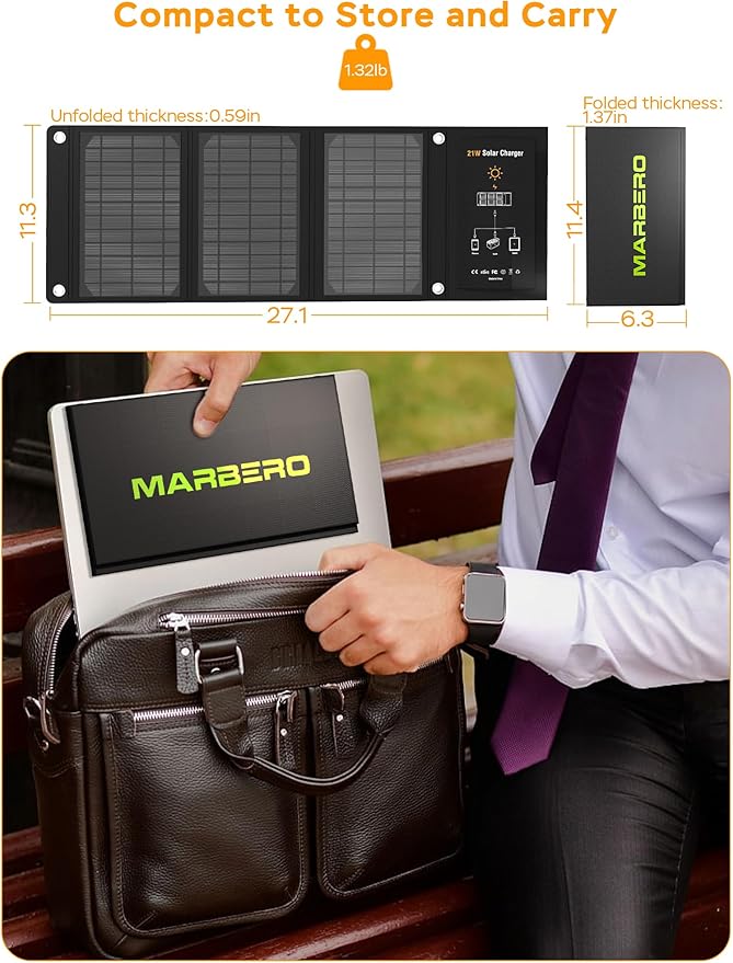 MARBERO 21W Portable Solar Panel Foldable Solar Panel Charger IP65 Waterproof Solar Panels 23% High