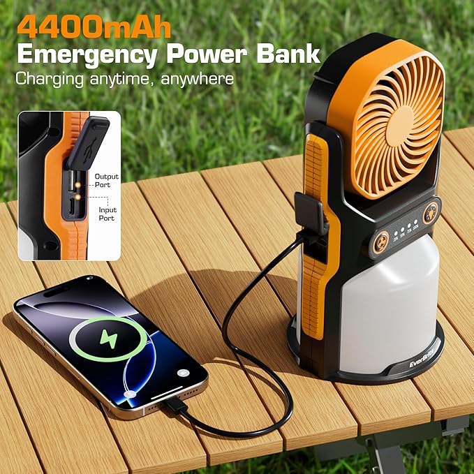 EVERBRITE Rechargeable Camping Lantern with Fan- 4400mAh Power Bank, Camping Fan with 3 Fan Speeds