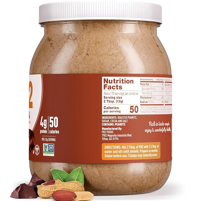 PB2 Powdered Chocolate Peanut Butter with Cocoa | 2lb Jar | 4g of Protein, 90% Less Fat, Certified