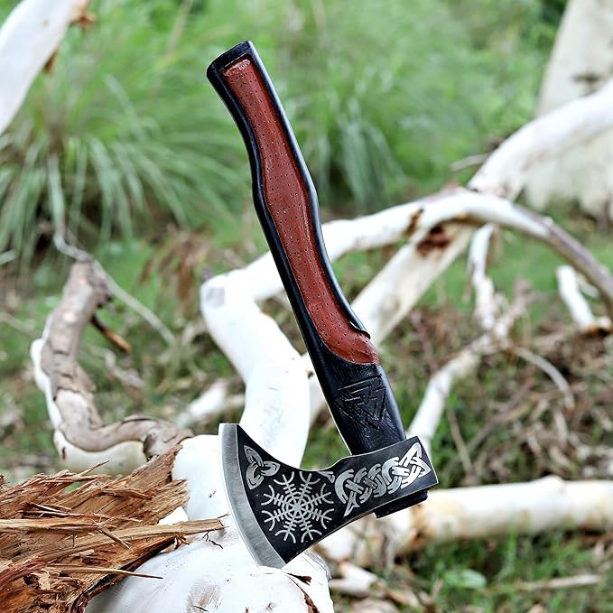 Viking Axe | 18" Carbon Steel Throwing Hatchet with Ash Wood Handle & Leather Sheath | Etched Norse