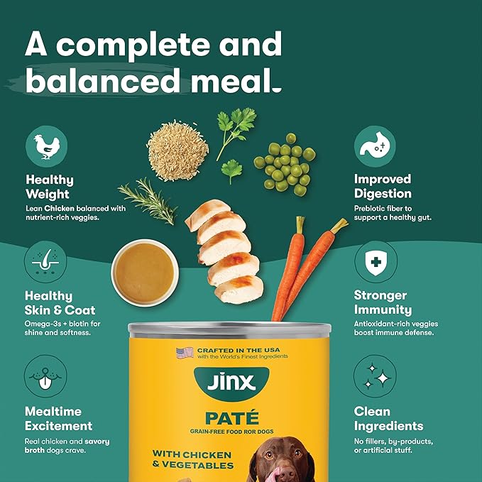 Jinx Premium Wet Dog Food Cans - Chicken & Vegetables Pate - Grain-Free Canned Dog Food Pate &