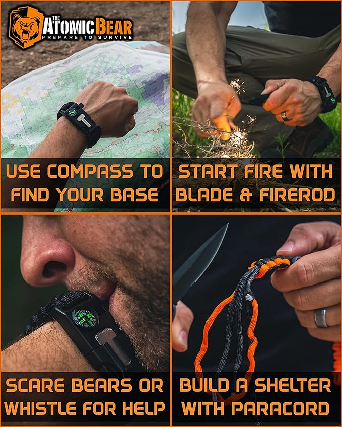Atomic Bear Paracord Bracelet (2 Pack) - Adjustable - Fire Starter - Loud Whistle - Perfect for