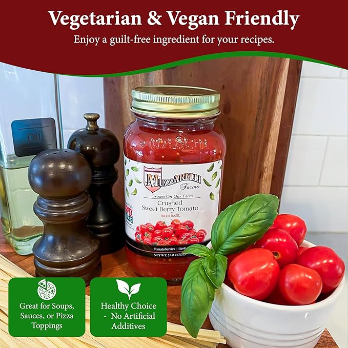 Muzzarelli Farms Crushed Sweet Berry Tomato with Basil, 26 OZ, Quantity Discounts, Multi-Packs