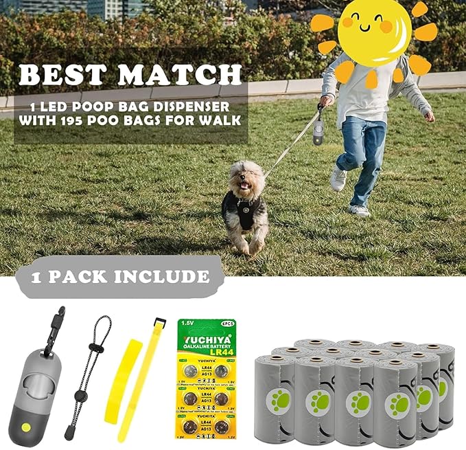 Dog Poop Bags Holder with LED Flashlight|Pet Waste Bags Dispenser for Leash|Doggie Potty Bags