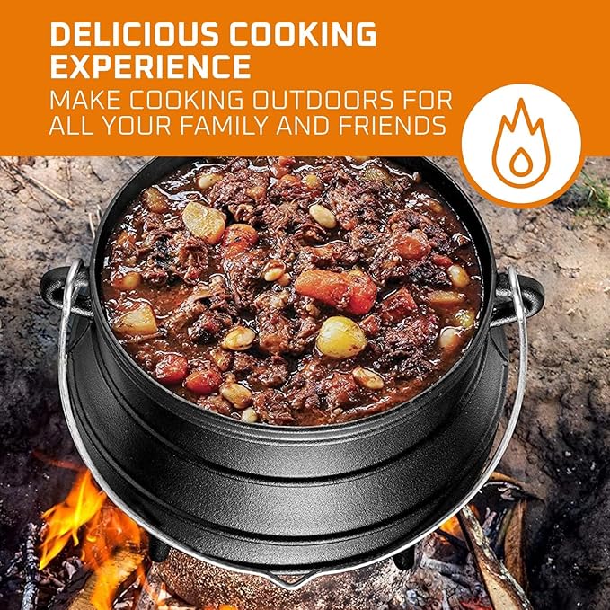 Bruntmor 12 Quart Cast Iron Dutch Oven Cauldron Pot - Camping Cookware with Lid - Pre-Seasoned