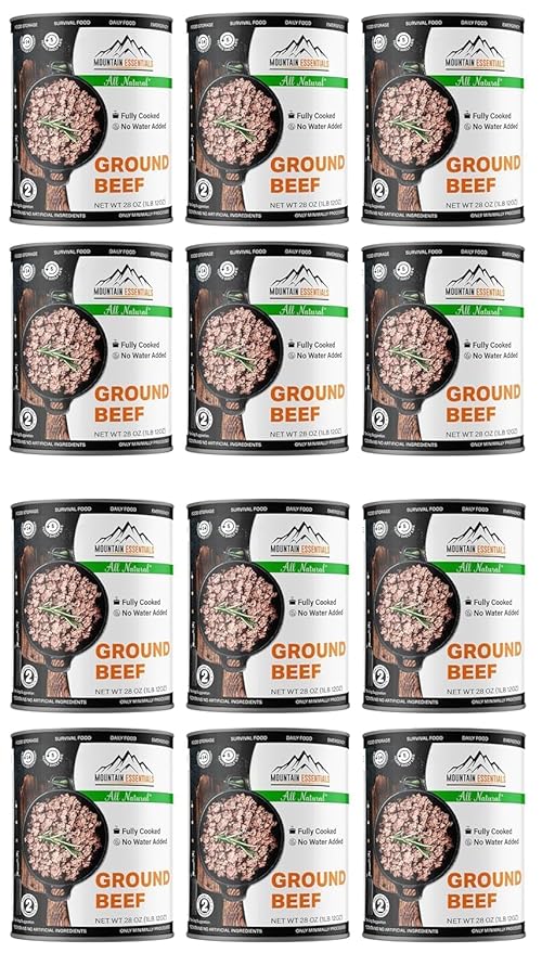 MOUNTAIN ESSENTIALS All Natural Canned Ground Beef 28 Oz Fully Cooked, Ready to Eat Hamburger Meat