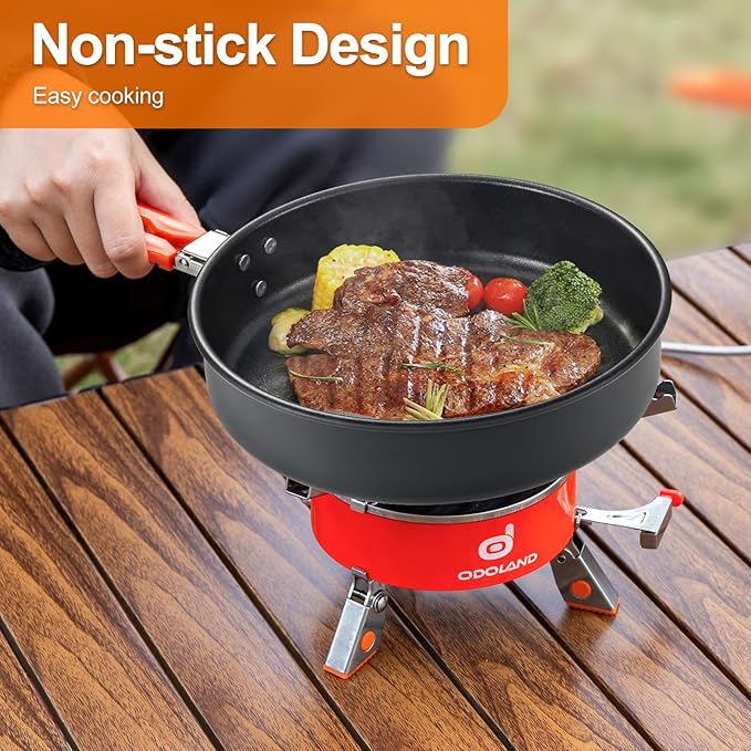 Odoland Camping Cookware Mess Kit, Non-Stick Lightweight Camping Pot and Fry Pan Set with Mesh Bag