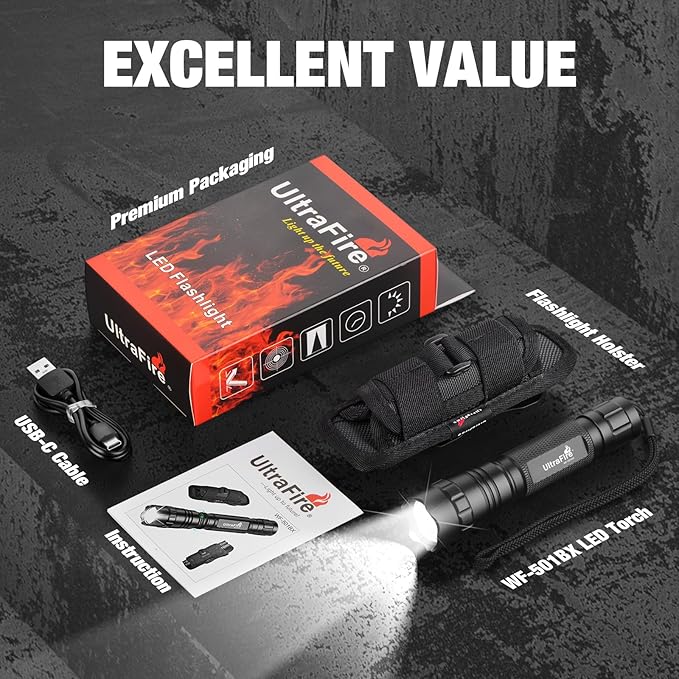 ULTRAFIRE Tactical Flashlight with Holster for Duty Belt, 1000 High Lumen Police Flashlight with