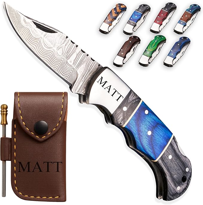 Personalized Folding Knife, Damascus Black Blue Pocket Knife, Gift for Boyfriend, Husband, Dad