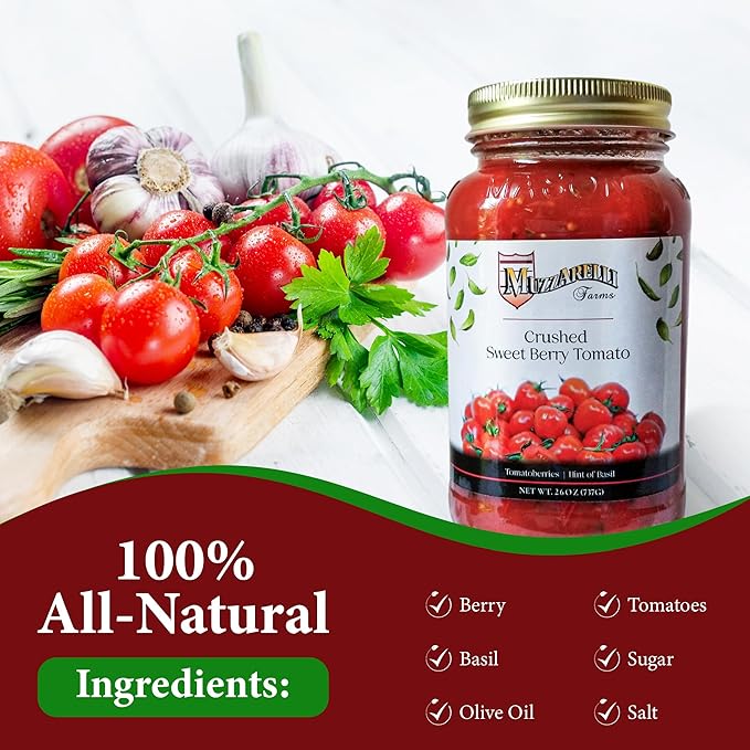 Muzzarelli Farms Crushed Sweet Berry Tomato with Basil, 26 OZ, Quantity Discounts, Multi-Packs