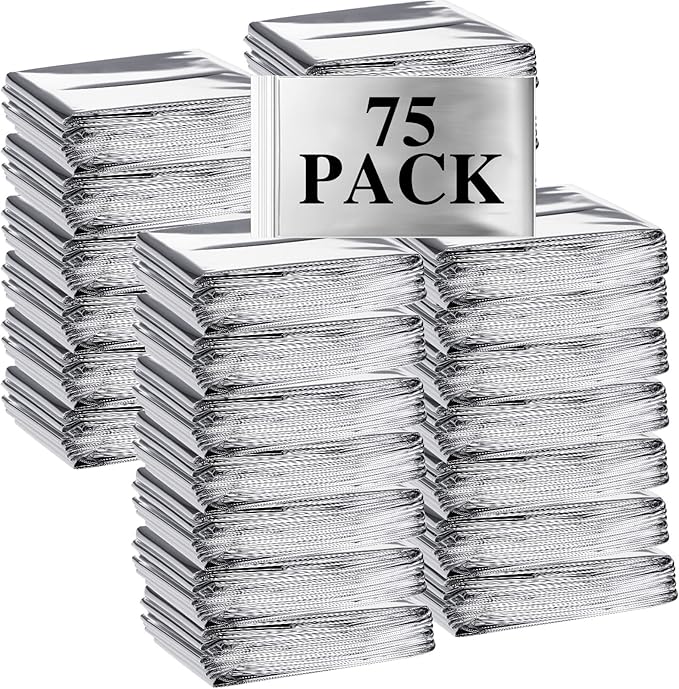Macarrie 75 Pack Emergency Foil Thermal Blankets - Silver Foil Survival Blanket Space Blanket Kit
