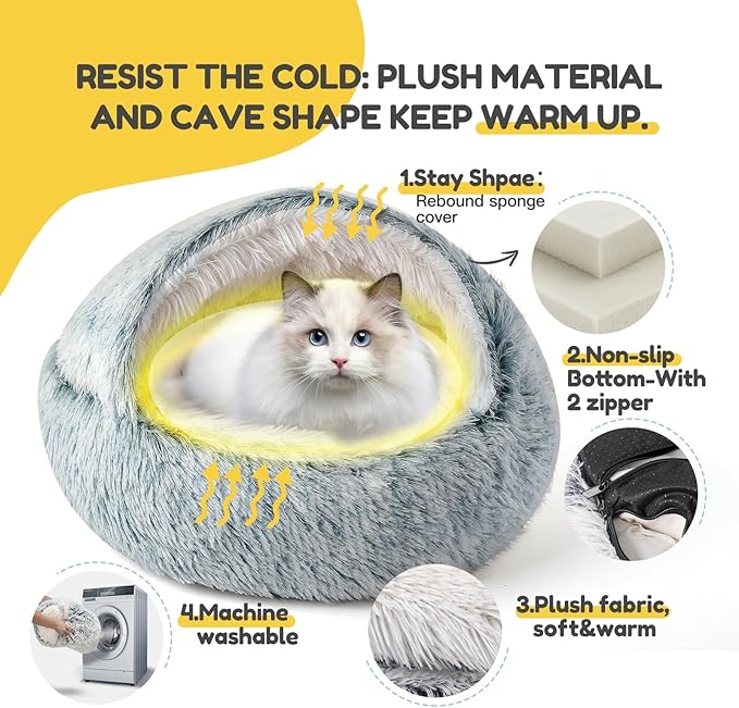 CATISM Cozy Cat Pod - Plush Hooded Cat Bed Cave, Self Warming, Removable Washable with Non-Slip