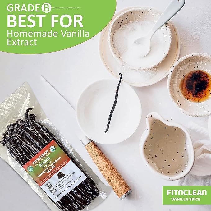 50 Madagascar Organic Vanilla Beans Grade B. Certified USDA Organic. 5"-7" by FITNCLEAN VANILLA for