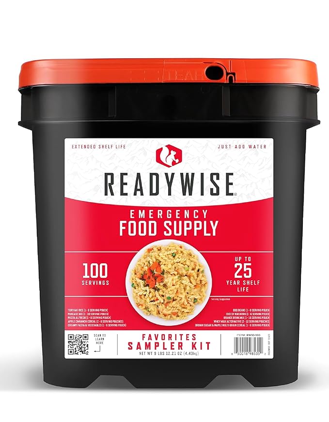 ReadyWise Emergency Food Supply - 100 Servings Favorites Bucket, Protein Meals, Dehydrated & Freeze
