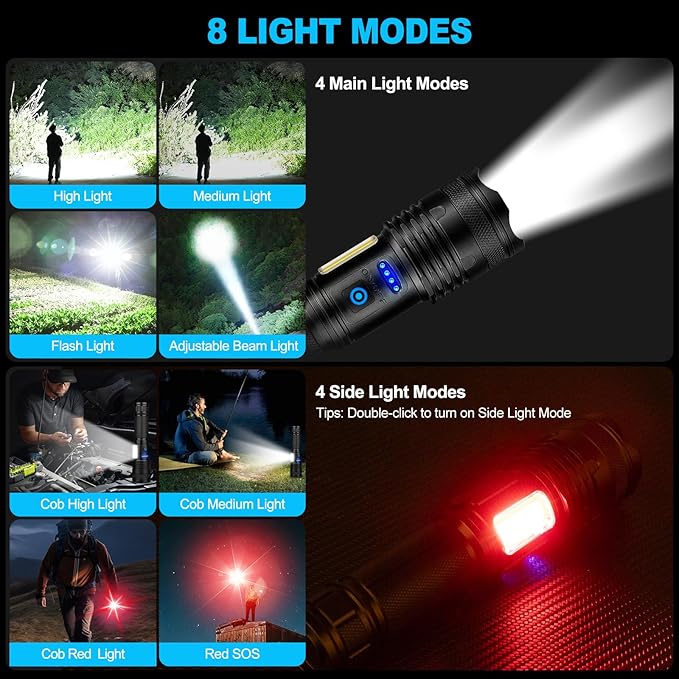 Alicegirl Rechargeable Flashlights High Lumens, 99000LM Super Bright Flashlight, Adjustable