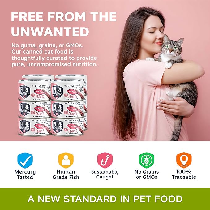 Pure Cravings Salmon Flakes in Tuna Consommé, Canned Wet Cat Food Soup, 100% Mercury-Tested, Moist